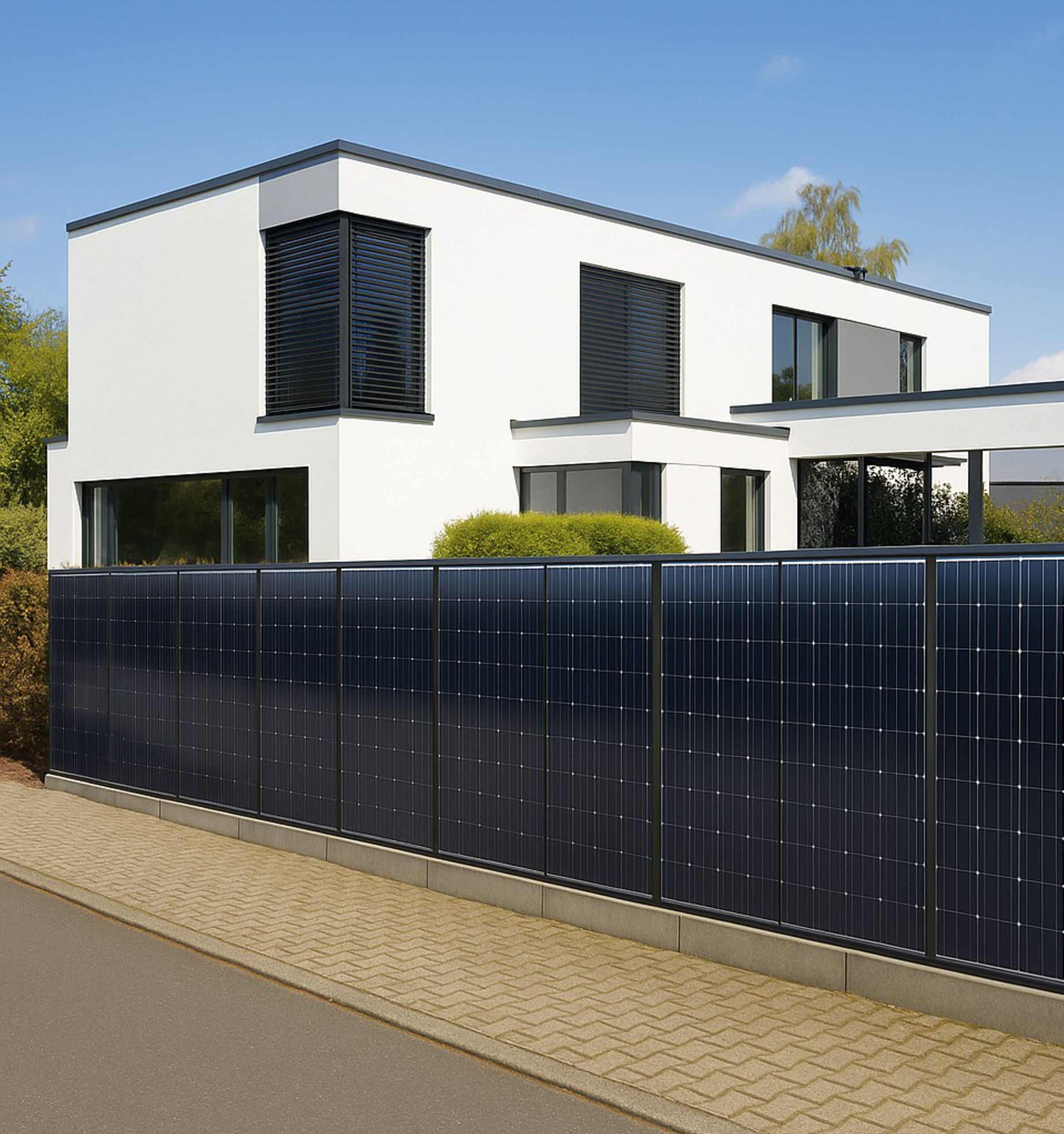 Solarzaun von ClickCon als moderne Photovoltaik-Zaunanlage vor einem Einfamilienhaus, kombiniert Sichtschutz und erneuerbare Energieerzeugung in elegantem Design.