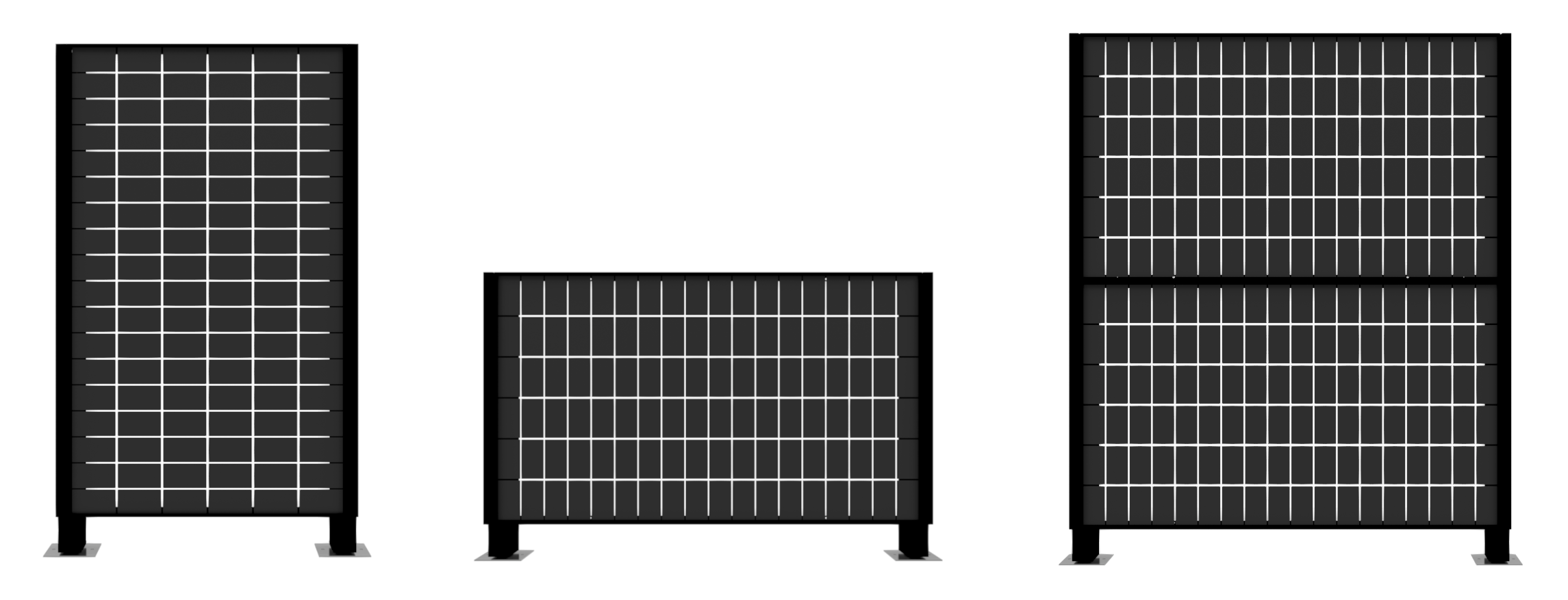 Übersicht der ClickWall PV-Montagesystem-Varianten mit hochkant und quer montierten Photovoltaik-Modulen für Solarzäune und Fassaden