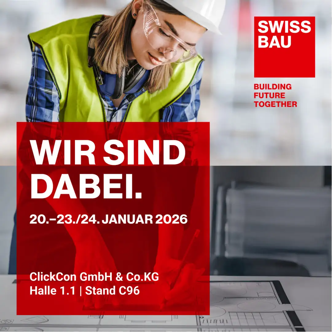 Messestand-Ankündigung von ClickCon für die Swissbau 2026 in Basel, Halle 1.1, Stand C96