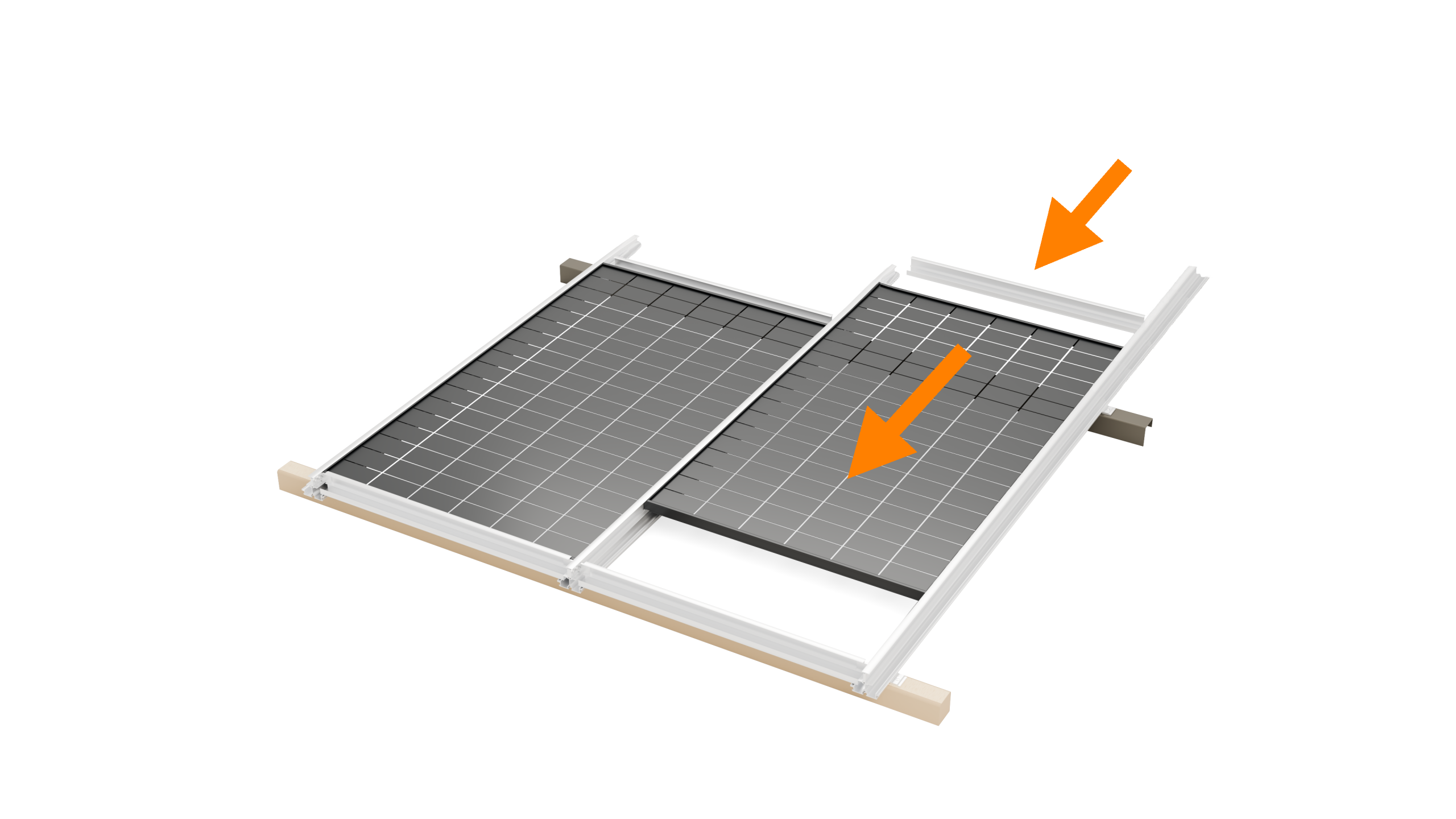 ClickFast PV-Indach-Montagesystem mit gerahmten Solarmodulen, die in Aluminium-Sparrenprofile eingeschoben werden; orange Pfeile zeigen die Montagerichtung.