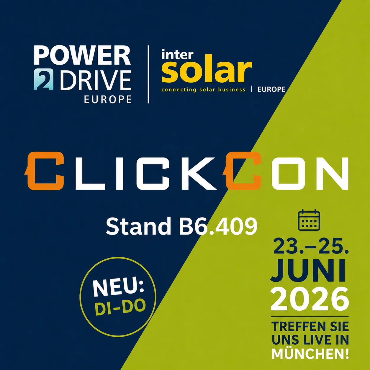 ClickCon-Messeankündigung für die Intersolar Europe 2026: Stand B6.409, 23.–25. Juni 2026 in München. © ClickCon
