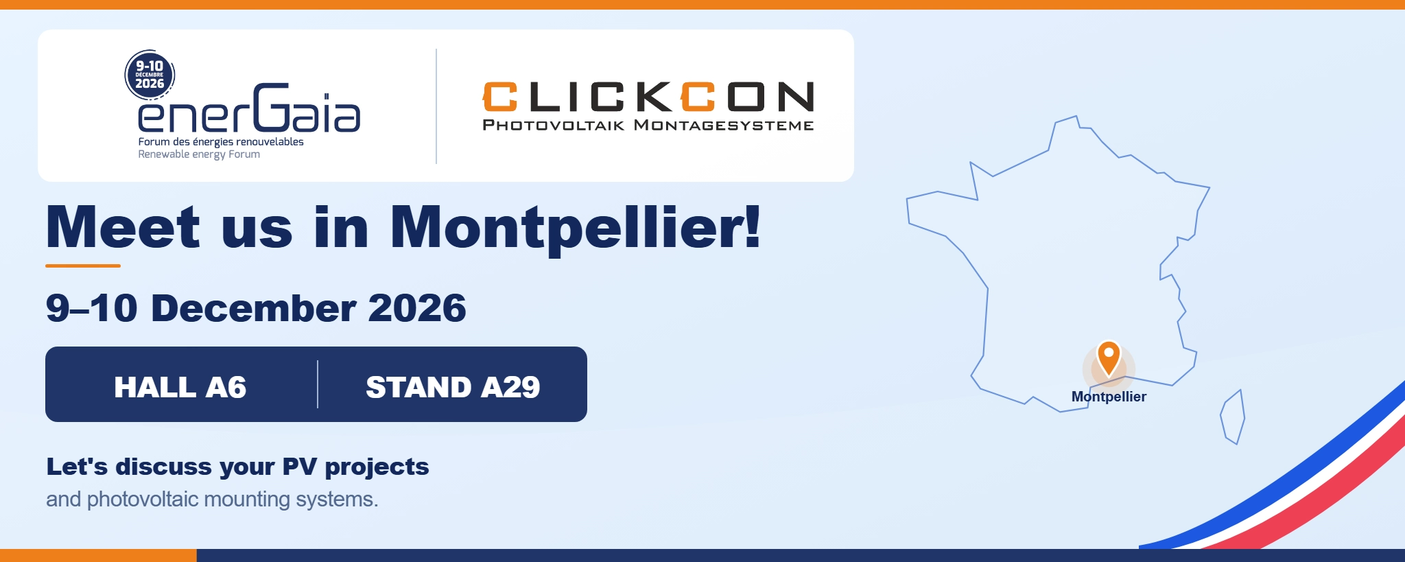 EnerGaïa 2026 in Montpellier: Veranstaltungsbanner mit Frankreichkarte, EnerGaïa- und ClickCon-Logo, Messedatum und Stand A29.